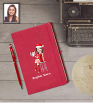 Kişiye Özel Yılbaşı Bayan Karikatürlü Kırmızı Defter Kalem Hediye Seti Model-5