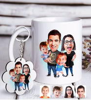 BK Gift Kişiye Özel Aile Karikatürlü Beyaz Kupa ve Anahtarlık Hediye Seti-3 (Model 1)