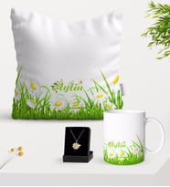 BK Gift Kişiye Özel Papatya Temalı Yastık Kupa Ve Papatya Kolye Hediye Seti-3 (Model 1)