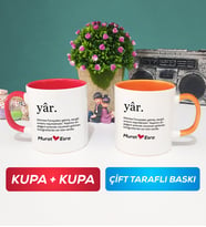 İkili Yâr Sevgililer Günü Hediyesi Kupa Bardak Kırmızı Turuncu