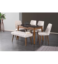 Ortadan Açılır Ahşap Salon Yemek Masası Bench Puf 6 Adet Sandalye (Ceviz)