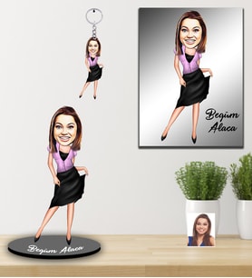 Kişiye Özel Bayan Karikatürlü 3 lü Hediye Seti Model-1