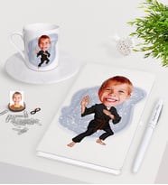 BK Gift Kişiye Özel Çocuk Karateci Karikatürlü Beyaz Defter Kalem Türk Kahvesi Fincanı Seti-1 (Model 1)
