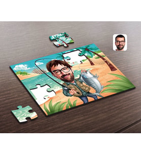 BK Gift Kişiye Özel Erkek Balıkçı Karikatürlü Ahşap Puzzle-1