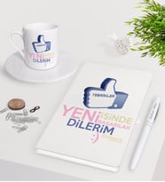 BK Gift Kişiye Özel Yeni İşinde Başarılar Dilerim Beyaz Defter Kalem Türk Kahvesi Fincanı Seti-3 (Model 1)