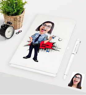 BK Gift Kişiye Özel Bayan Polis Karikatürlü Beyaz Defter Kalem Seti