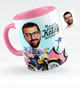 BK Gift Kişiye Özel Bay Motorcu Karikatürlü Pembe Kupa Bardak  1