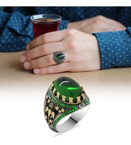 Yeşil Zirkon Taşlı Oval Tasarım 925 Ayar Gümüş Erkek Yüzük