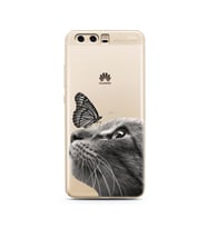 Kedi Kelebek Tasarımlı Süper Şeffaf Silikon Telefon Kılıfı Huawei P10    