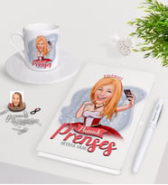BK Gift Kişiye Özel Pamuk Prenses Karikatürlü Beyaz Defter Kalem Türk Kahvesi Fincanı Seti-3 (Model 1)