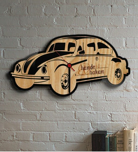 BK Gift Kişiye Özel Retro Beetle Tasarımlı Ahşap Duvar Saati Model 14