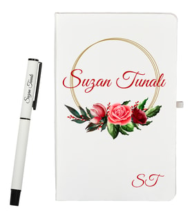 Sevgiliye Hediye Çiçek Tasarımlı Kişiye Özel Defter ve Roller Kalem Seti