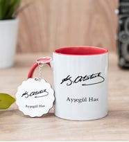 Atatürk İmzalı Kırmızı Kupa Bardak Ve Anahtarlık Set