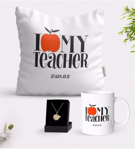 BK Gift Kişiye Özel Öğretmenimi Seviyorum Beyaz Kupa Yastık ve İsimli Papatya Kolye Hediye Seti-3 (Model 1)