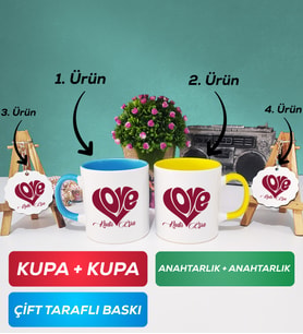 İkili Mavi Sarı Love Tasarımlı Sevgililer Günü Hediyesi Kupa Bardak Anahtarlık