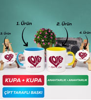 İkili Mavi Sarı Love Tasarımlı Sevgililer Günü Hediyesi Kupa Bardak Anahtarlık