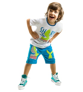 Shark Island Erkek Çocuk T-shirt Şort Takım (Beyaz-Mavi)