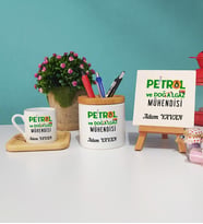 Petrol Ve Doğalgaz Mühendisi Ahşap Altlıklı Türk Kahvesi Fincanı Kalemlik Dekoratif Taş Baskı Seti