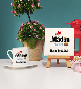 Mesajlı Maden Mühendisi Tasarımlı Kişiye Özel Maden Mühendisi Türk Kahvesi Fincanı ve Dekoratif Taş Baskı Hediye Seti