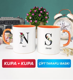 İkili Kişiye Özel Baş Harf ve İsim Yazılı Kupa Bardak Turuncu