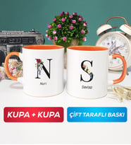 İkili Kişiye Özel Baş Harf ve İsim Yazılı Kupa Bardak Turuncu