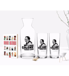 BK Gift Kişiye Özel Renkli Baskılı Çünkü Sen Çölüme Yağmur Oldun Tasarımlı İkili Rakı Bardağı Karaf ve Cep Kitabı Hediye Seti-9 (Model 1)