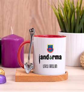 Jandarma Ahşap Altlıklı Kırmızı Kupa Bardak