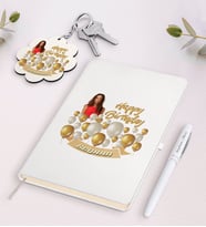 BK Gift Kişiye Özel Fotoğraflı Doğum Günü Beyaz Defter Kalem ve Anahtarlık Hediye Seti-7 (Model 1)