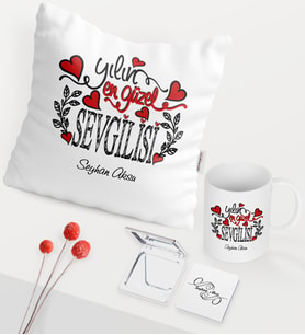 BK Gift Kişiye Özel Yılın En Güzel Sevgilisi Temalı Beyaz Kupa Ayna Yastık Seti