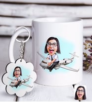 BK Gift Kişiye Özel Bayan Kaptan Pilot Karikatürlü Beyaz Kupa ve Anahtarlık Hediye Seti (Model 1)