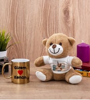 Sevgililere Özel İsim Yazılı Gold Kupa Bardak ve Peluş Ayıcık