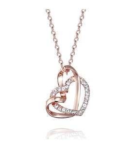 Monemel Swarovski Taşlı Çift Kalp Rose Gold Kolye (Altın Kaplama) Sevgililer Günü Hediyesi