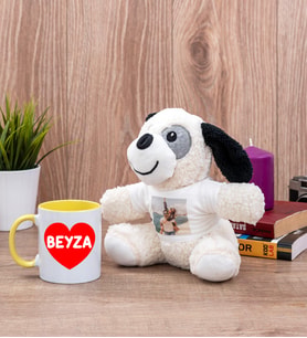 Sevgiliye Hediye İsim Yazılı Kalpli Sarı Kupa Bardak ve Peluş Köpek