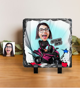 BK Gift Kişiye Özel Bayan Motorcu Karikatürlü Dekoratif Doğal Taş