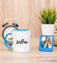 Kişiye Özel İsim Yazılı Mavi Kupa Bardak ve Mavi Mini Fotoğraf Çerçevesi