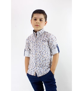 Erkek Çocuk Katlanır Kollu Çiçekli Slim Fit Gömlek Bej