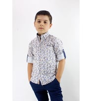 Erkek Çocuk Katlanır Kollu Çiçekli Slim Fit Gömlek Bej