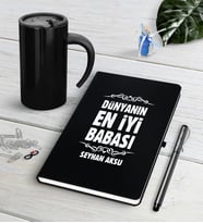 BK Gift Kişiye Özel Dünyanın En İyi Babası Siyah Defter Kalem Termos Mug Seti-6 (Model 1)