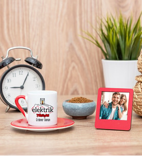 Elektrik Teknisyeni Kırmızı Kahve Fincanı ve Kırmızı Mini Fotoğraf Çerçevesi