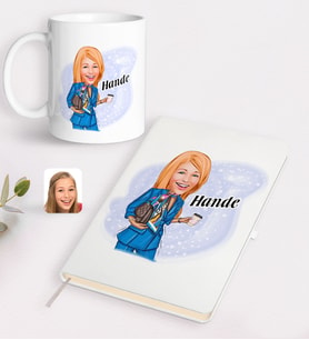 BK Gift Kişiye Özel Kadın Moda İkonu Karikatürlü Beyaz Defter ve Kupa Hediye Seti-5 (Model 1)