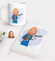 BK Gift Kişiye Özel Kadın Moda İkonu Karikatürlü Beyaz Defter ve Kupa Hediye Seti-5 (Model 1)