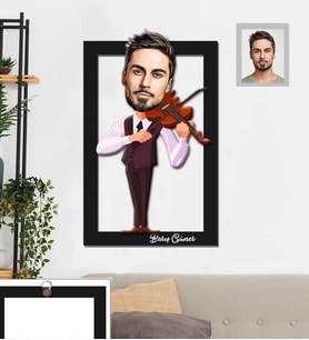 Kişiye Özel Kemancı Karikatürlü 3D Ahşap Tablo 30x47  Bay-1