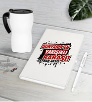 BK Gift Kişiye Özel Dünyanın En Yakışıklı Babası Beyaz Defter Kalem Termos Mug Seti-1 (Model 1)