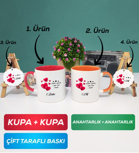 İkili Kırmızı Turuncu Sevgililer Günü Hediyesi Kupa Bardak Anahtarlık