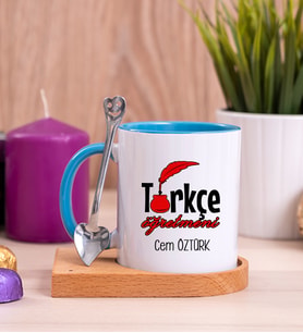Türkçe Öğretmeni Ahşap Altlıklı Mavi Kupa Bardak