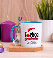 Türkçe Öğretmeni Ahşap Altlıklı Mavi Kupa Bardak
