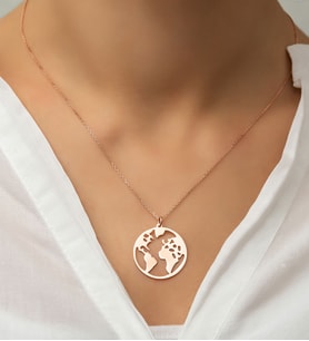 Papatya Silver Halka Formda Rose Altın Kaplama 925 Ayar Gümüş Dünya Haritası Kolye