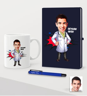 BK Gift Kişiye Özel Bay Doktor Karikatürlü Lacivert Defter Kalem Kupa Seti - 2 (Model 1)
