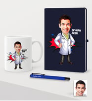 BK Gift Kişiye Özel Bay Doktor Karikatürlü Lacivert Defter Kalem Kupa Seti - 2 (Model 1)