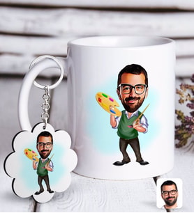 BK Gift Kişiye Özel Erkek Ressam Karikatürlü Beyaz Kupa ve Anahtarlık Hediye Seti-1 (Model 1)